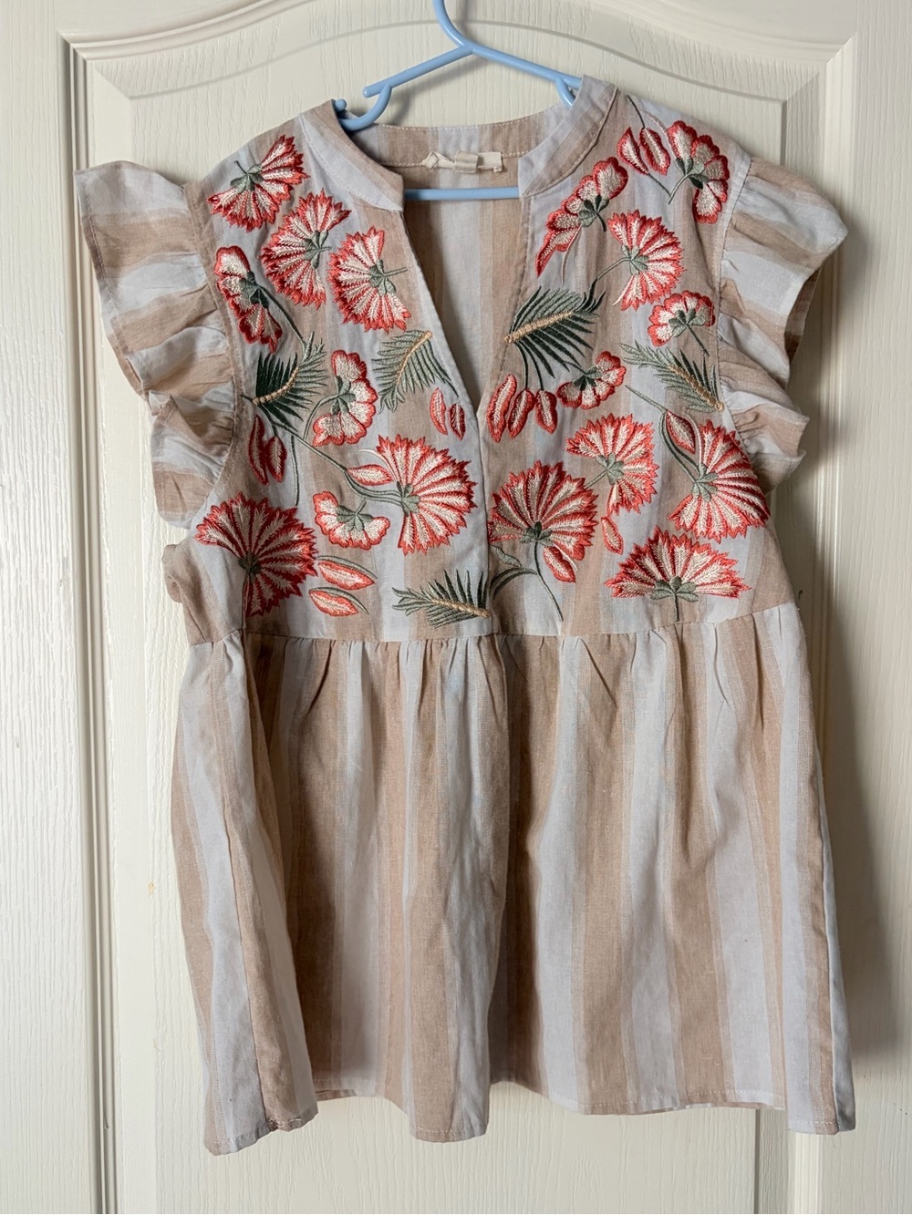 Entro Boutique Striped Babydoll Floral Shortsleeve Flutter Sleeve Top, Small